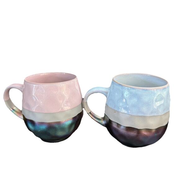 Set Of Two Roscher Large Stoneware Mugs Pink Blue & Iridescent Color Natura - Picture 3 of 8